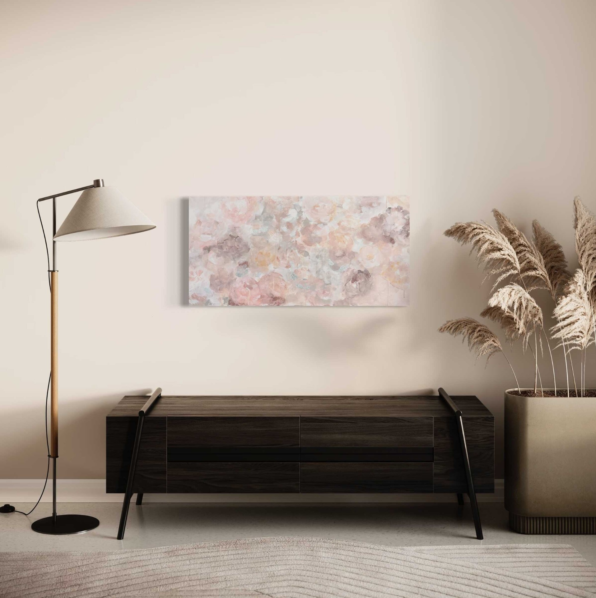 Absztrakt festmény - Virágzás – 80x40 cm – bézs rózsaszín és ezüst