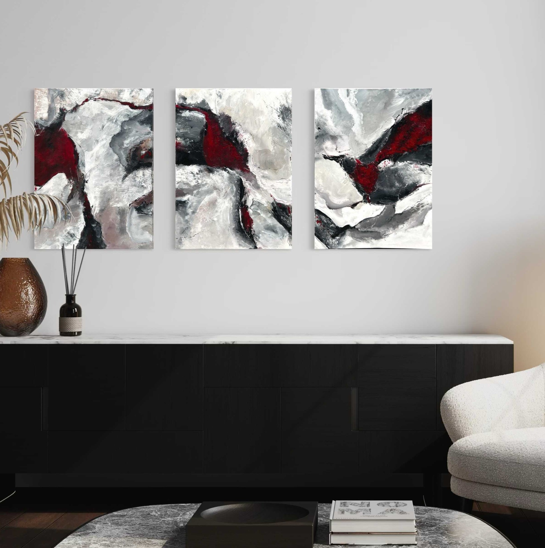 Absztrakt festmény - Rubin – 50x70 cm – bordó, fehér, fekete és szürke