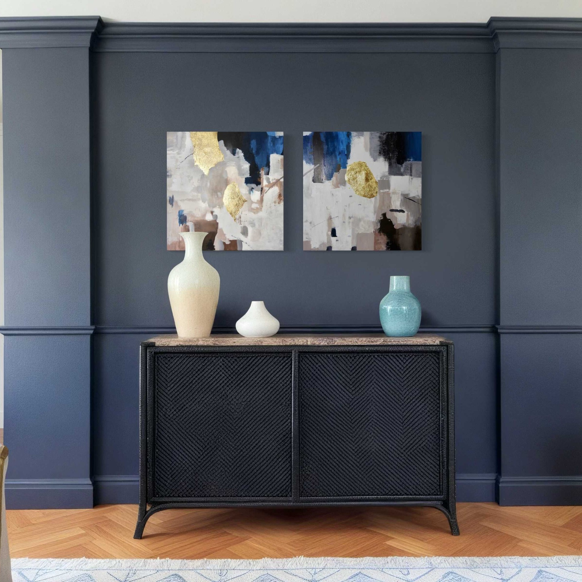 Absztrakt festmény - Ikrek– 60x60 cm – kék, barna, fehér és arany