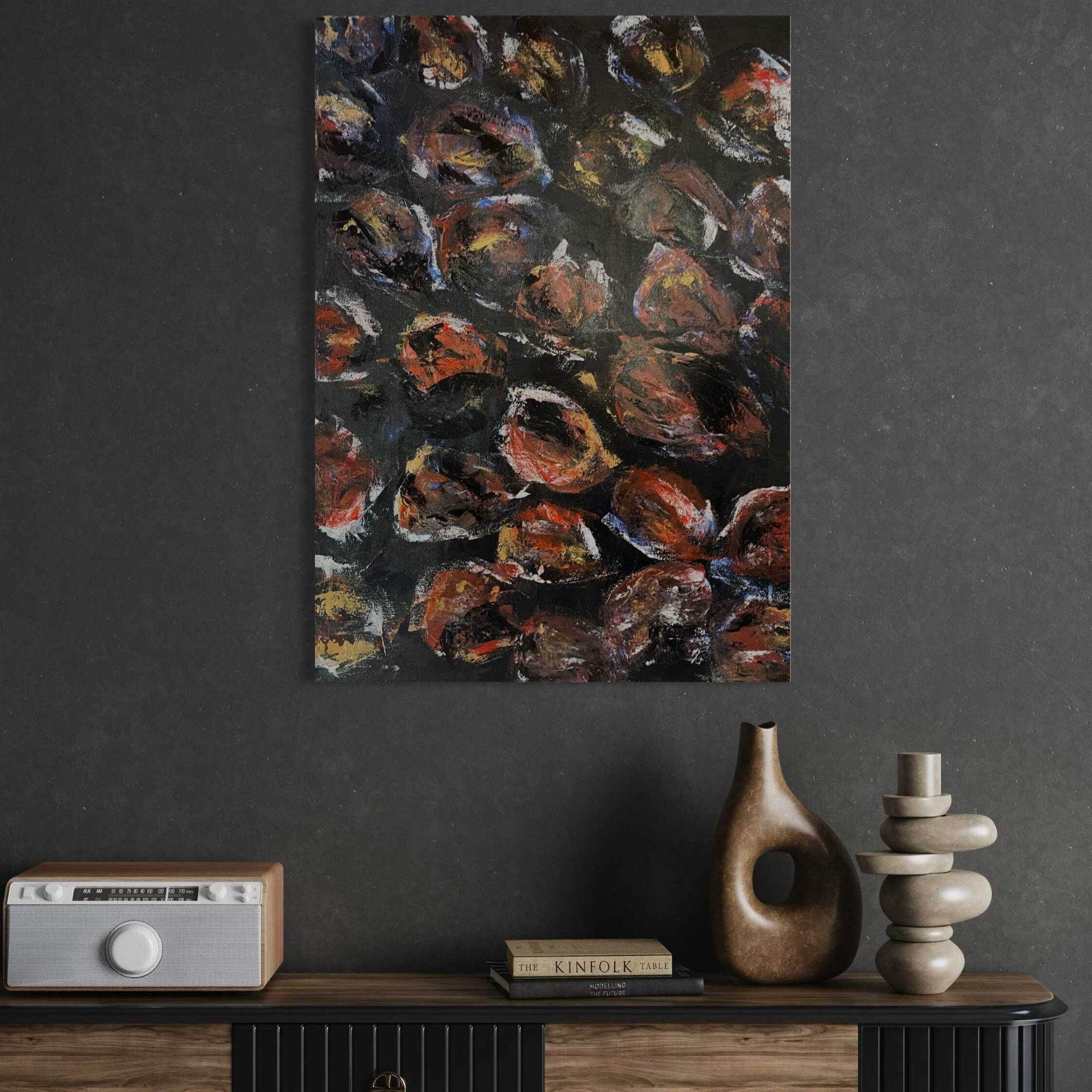 Absztrakt festmény - Aszúszemek – 50x70 cm – fekete, piros és arany