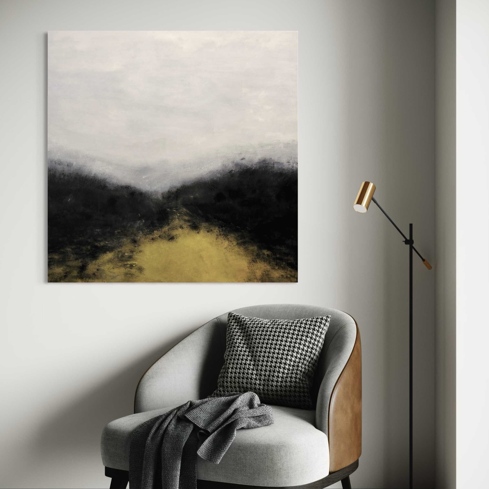 Absztrakt festmény - Tisztás – 100x100 cm – fekete, fehér és arany