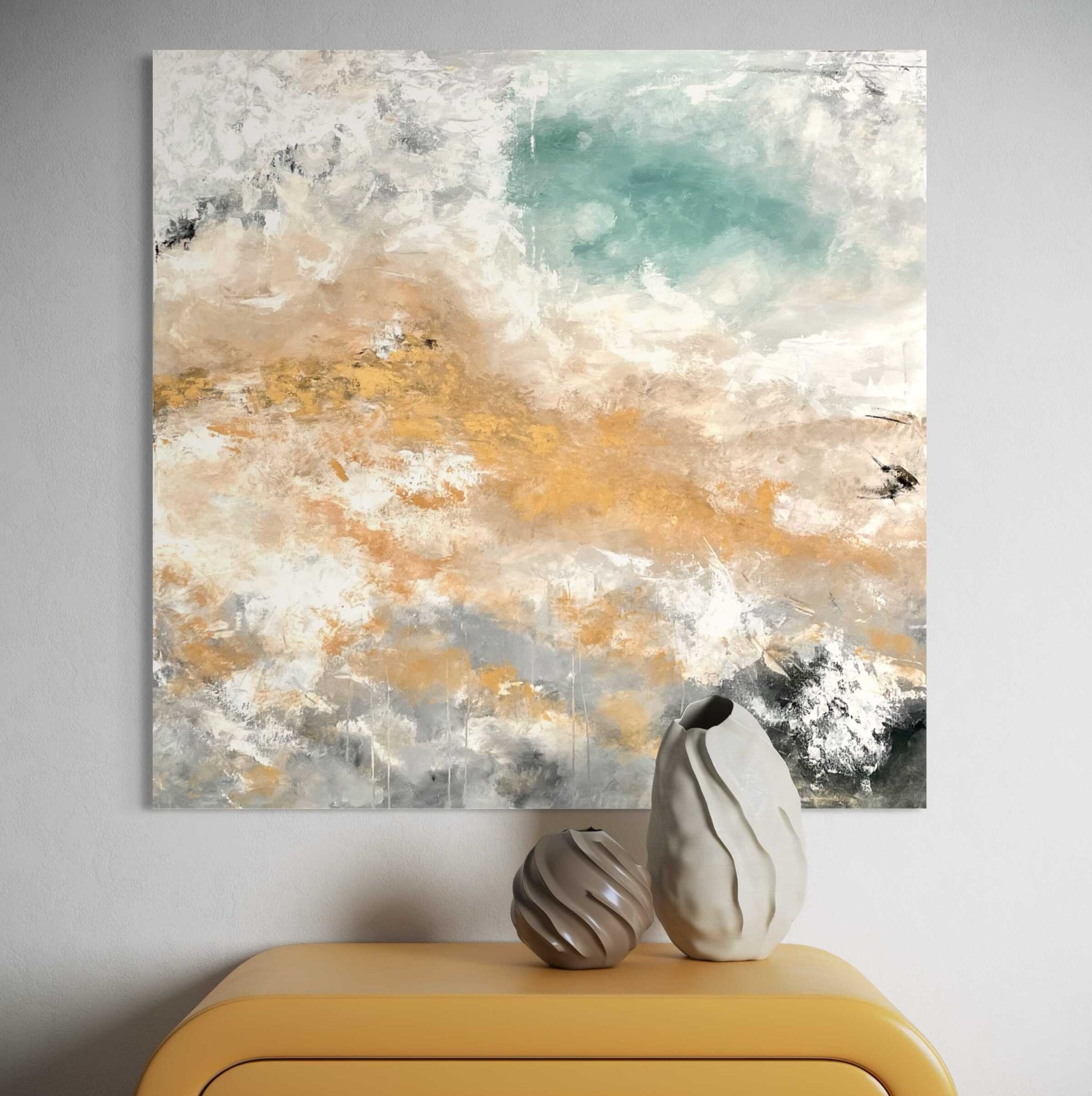 Absztrakt festmény - Tengerszem – 100x100 cm – türkiz, szürke és arany