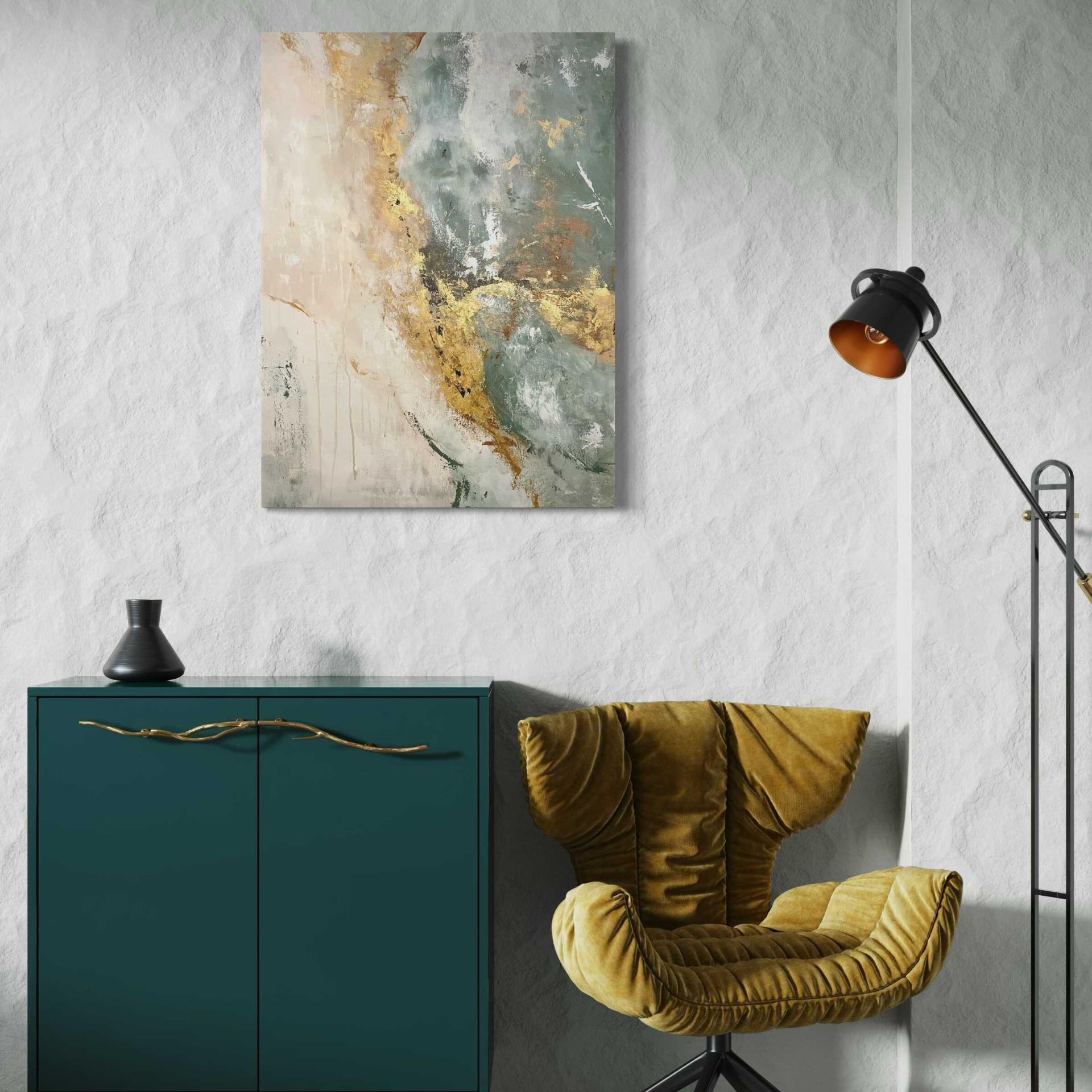 Absztrakt festmény - Avar – 60x80 cm – zöld, bézs és arany