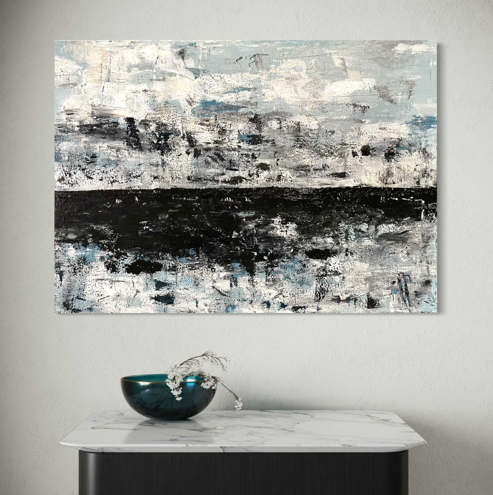 Absztrakt festmény - Duna éjjel – 70x50 cm – fekete, kék és fehér