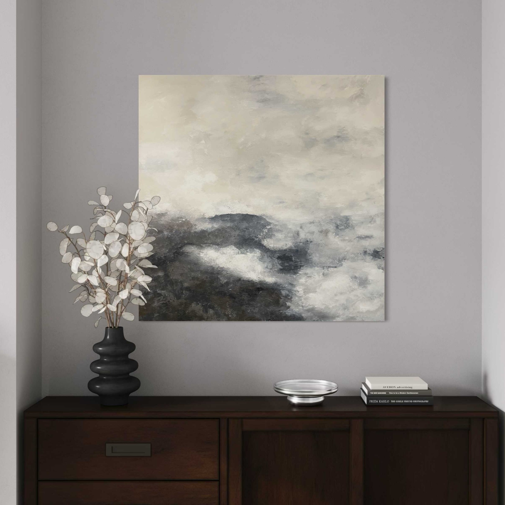 Absztrakt festmény - Dunakanyar – 100x100 cm – szürke és fehér