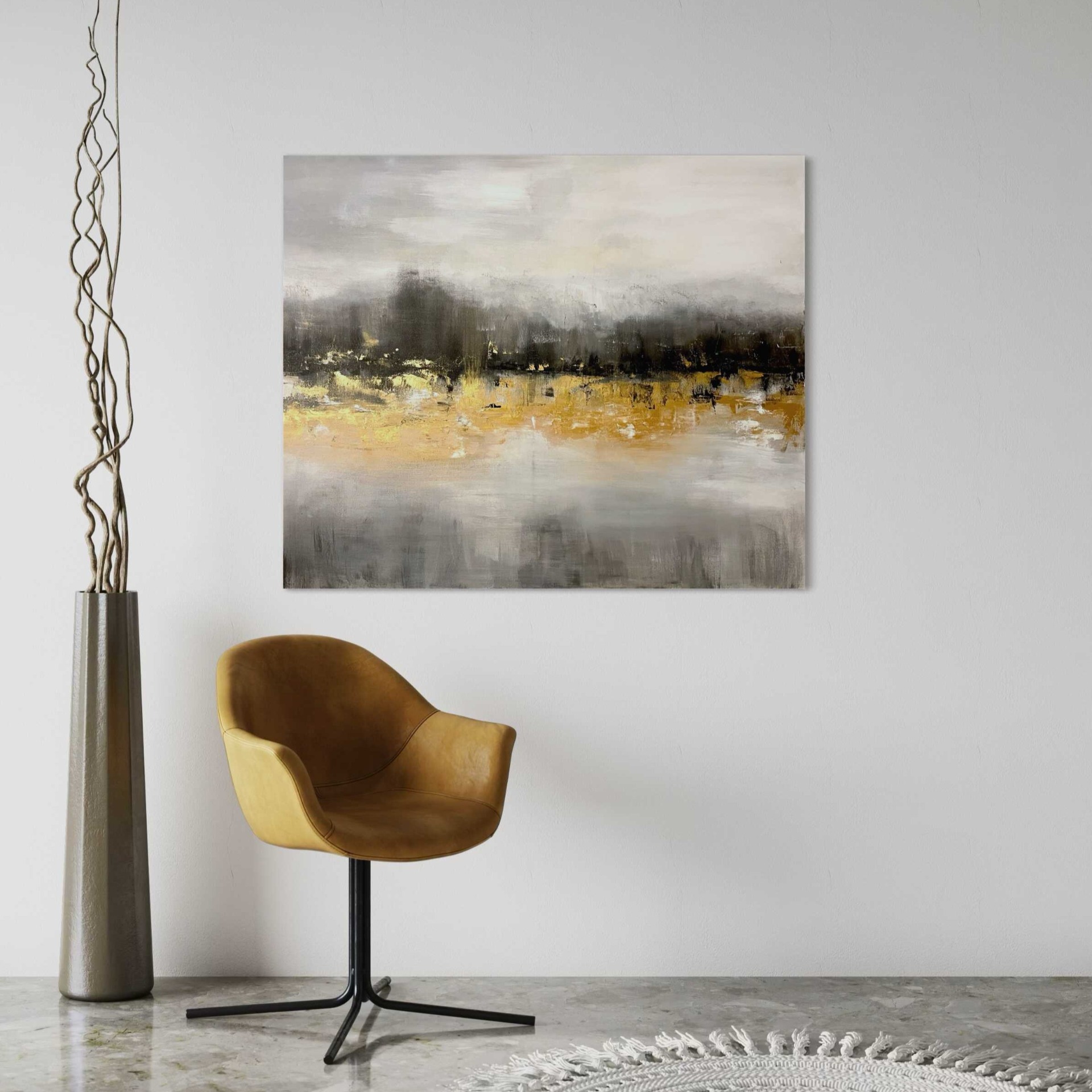 Absztrakt festmény - Holtág – 120x100 cm – fekete, fehér és arany