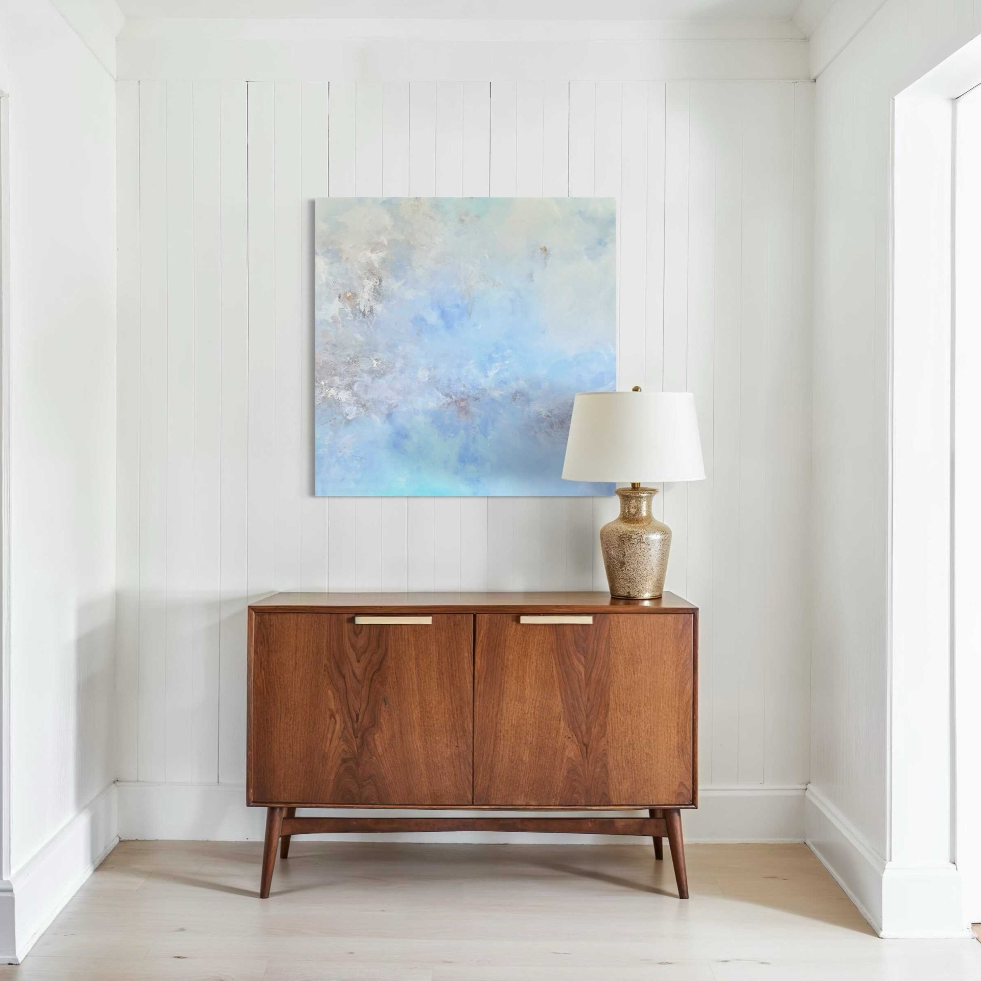 Absztrakt festmény - Mennyezgő – 100x100 cm – kék, fehér és arany