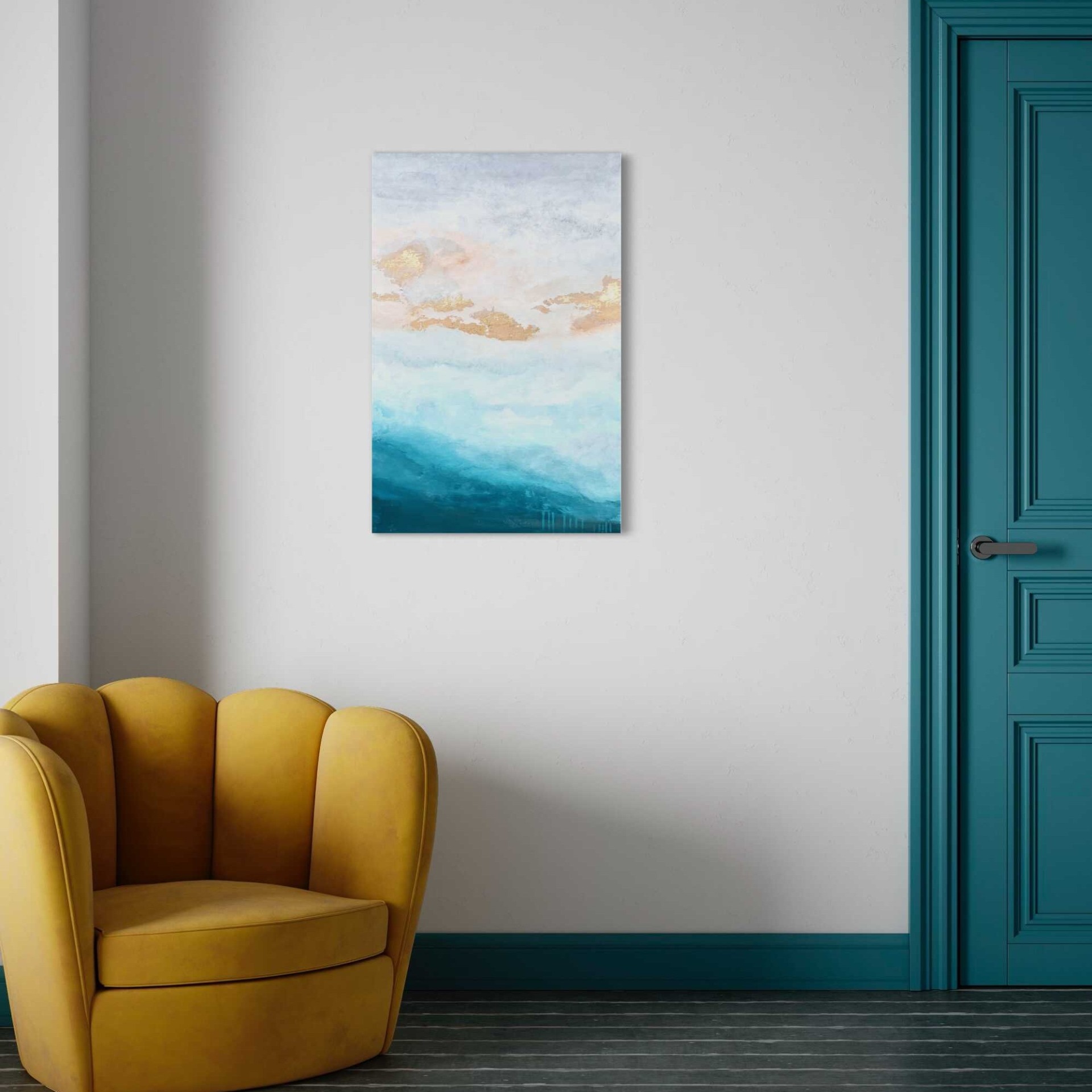 Absztrakt festmény - Vihar után – 60x80 cm – kék, fehér és arany