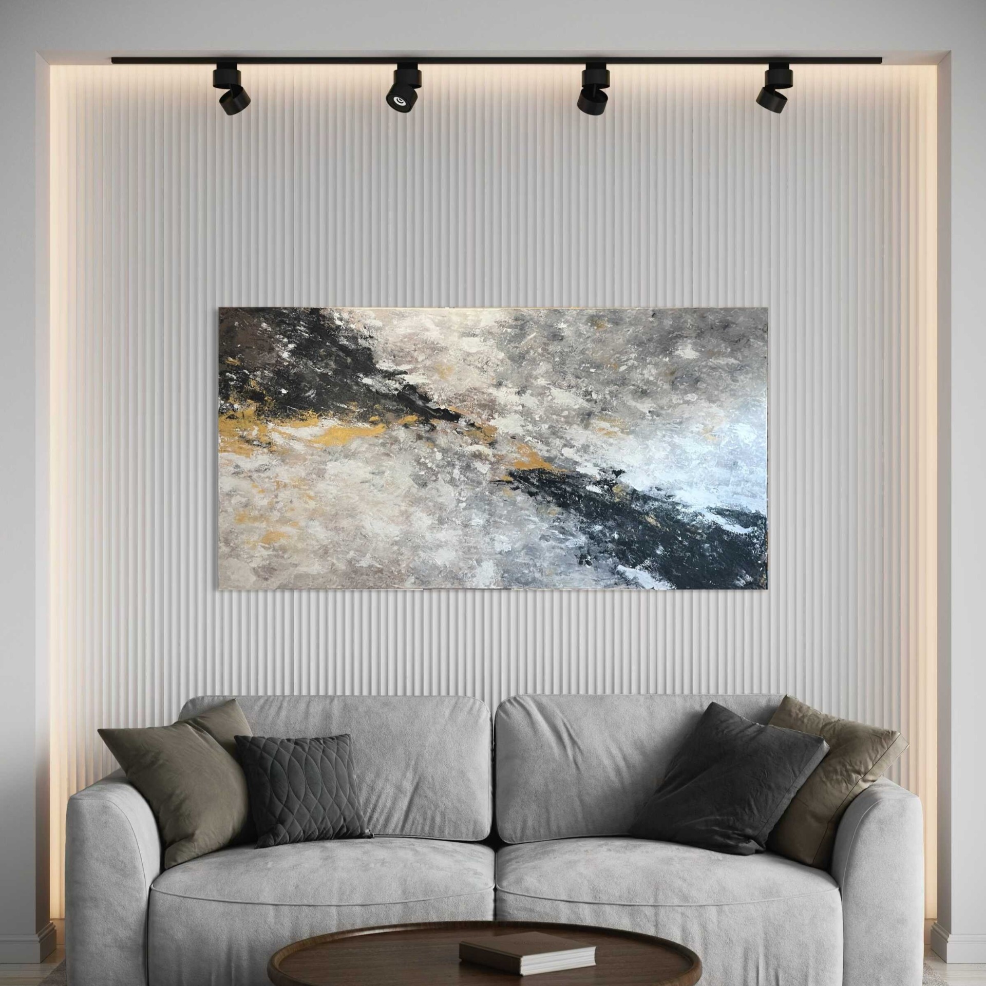 Absztrakt festmény - Fénypermet – 200x110 cm – fekete, fehér és arany