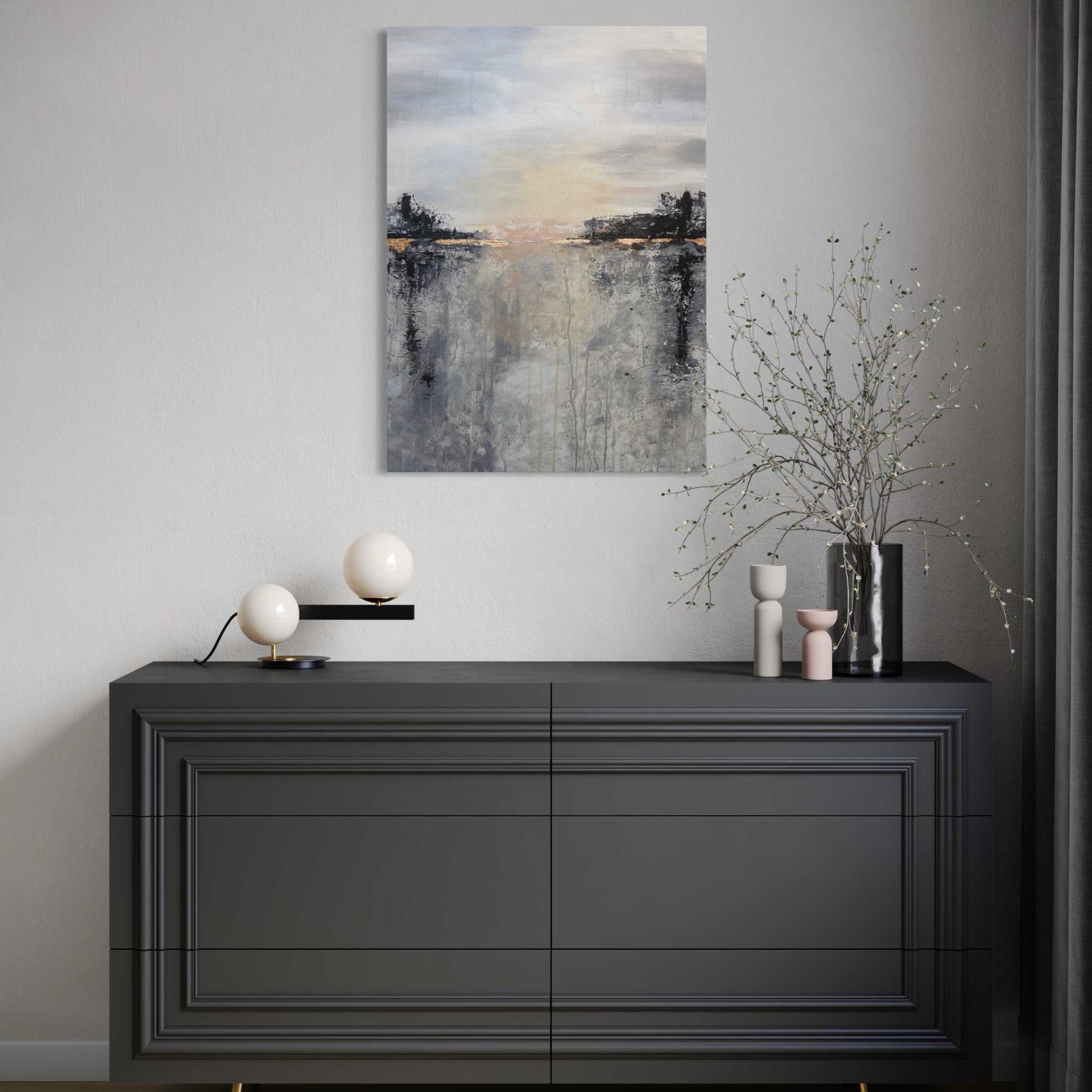 Absztrakt festmény - Hajnal – 50x70 cm – fekete, szürke és fehér