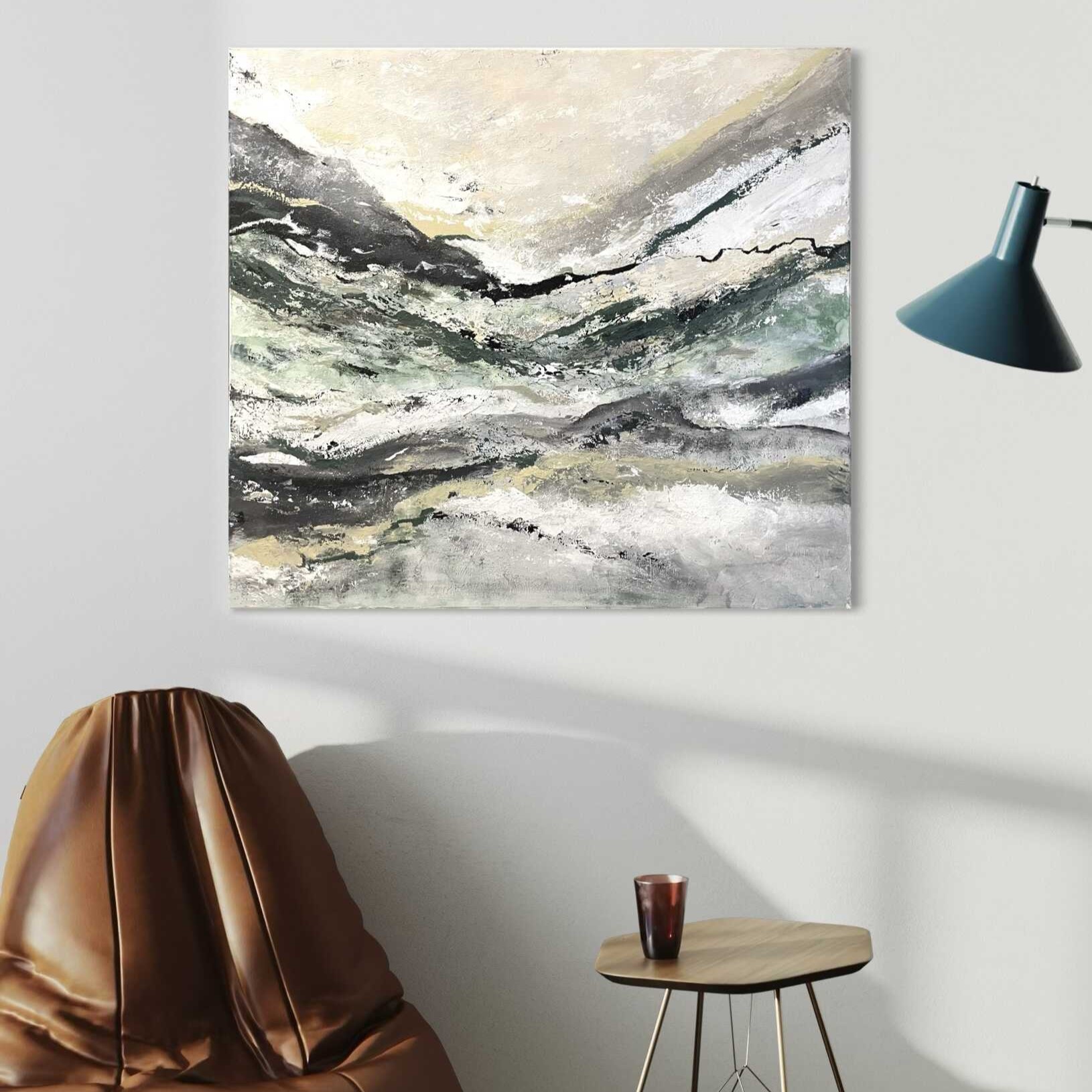 Absztrakt festmény - Gleccser – 100x90 cm – zöld, fehér és ezüst