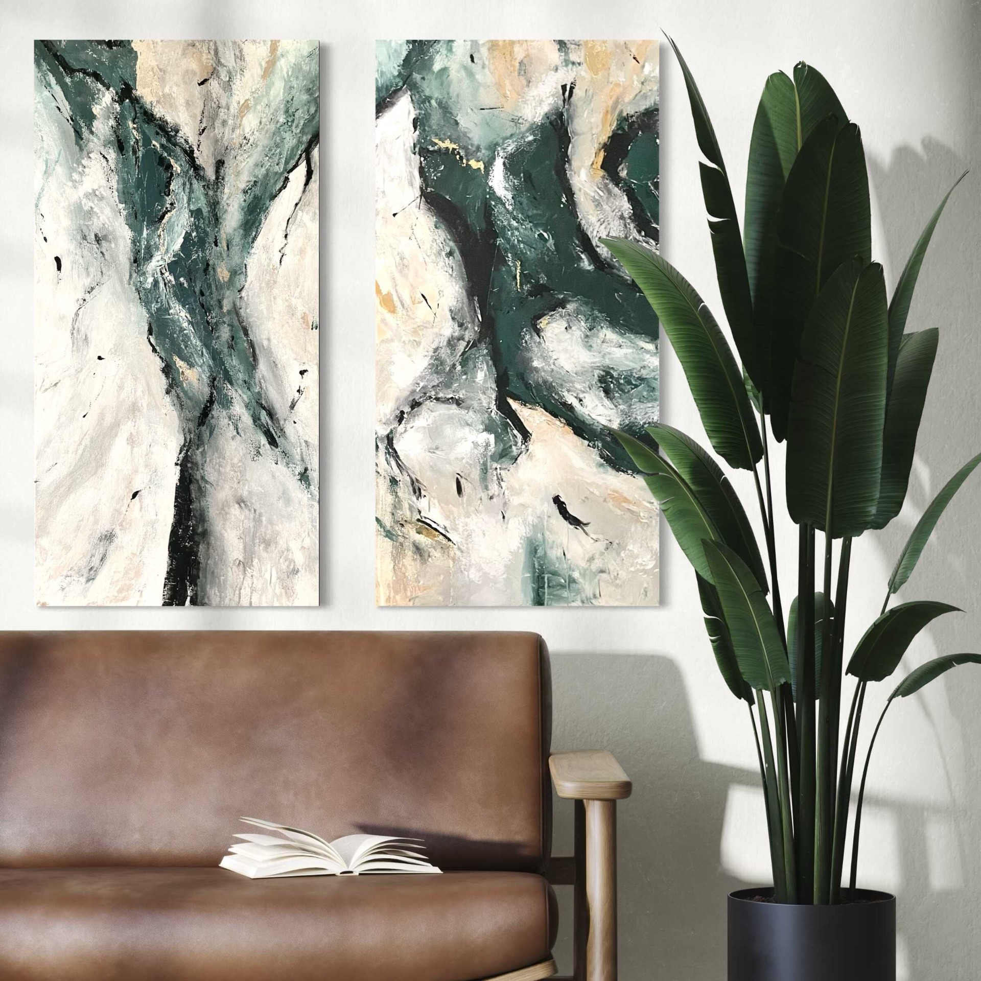 Modern zöld–fehér absztrakt festménypár – Elegáns, texturált dekoráció