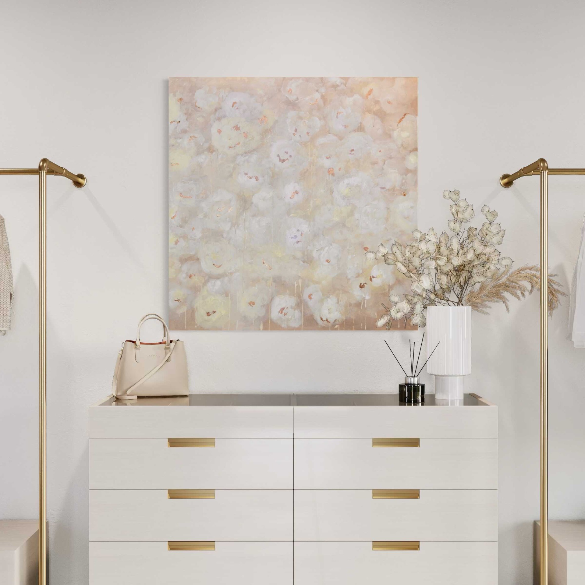 Púder – pasztell rózsaszín és bézs árnyalatú modern absztrakt festmény arany részletekkel