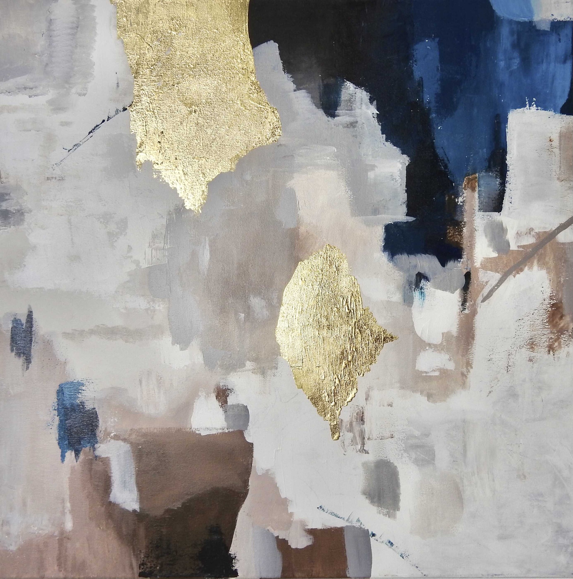 Aranyfóliás modern absztrakt festmény neutrális és kék tónusokkal