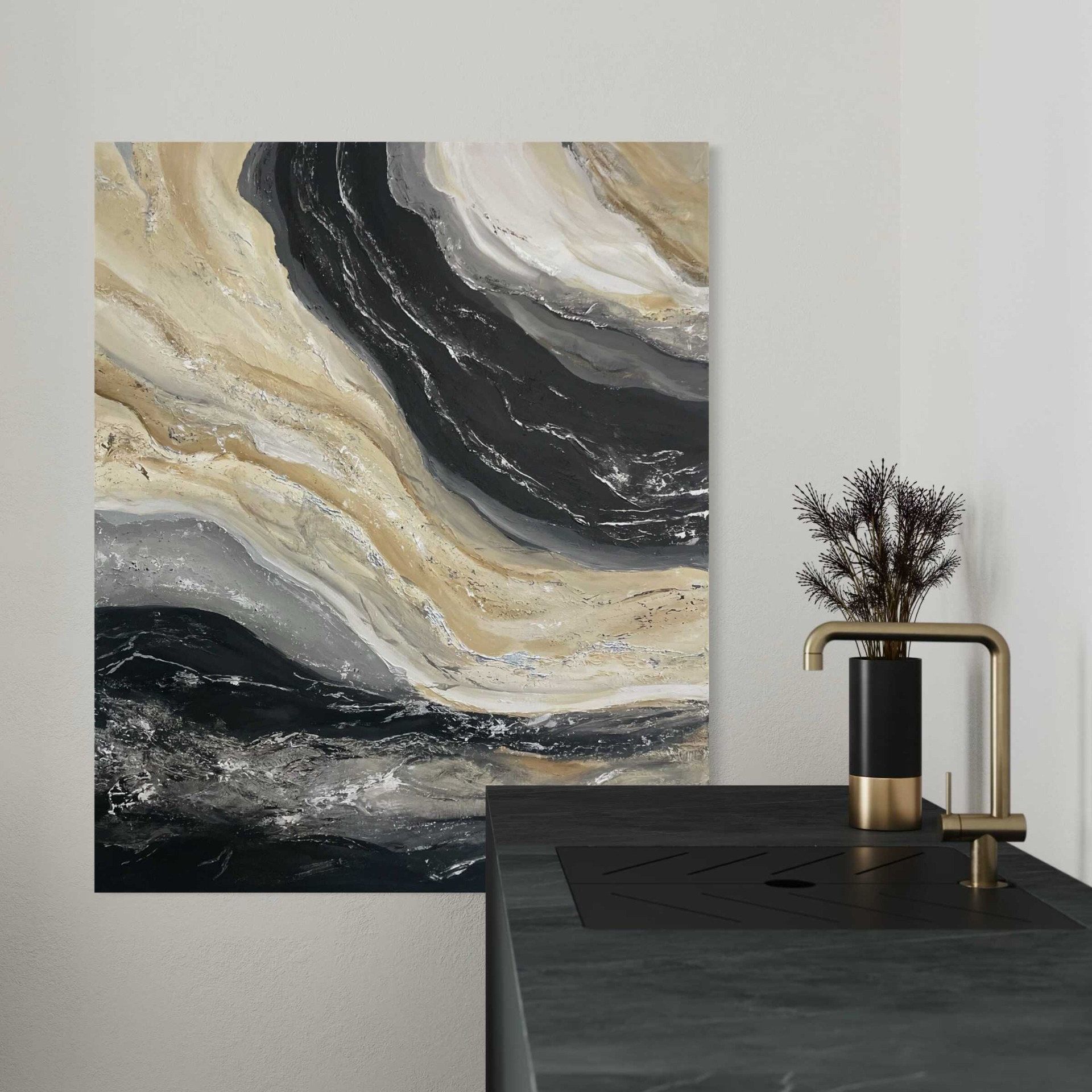 Modern, texturált absztrakt festmény márvány hatású fekete, szürke és bézs