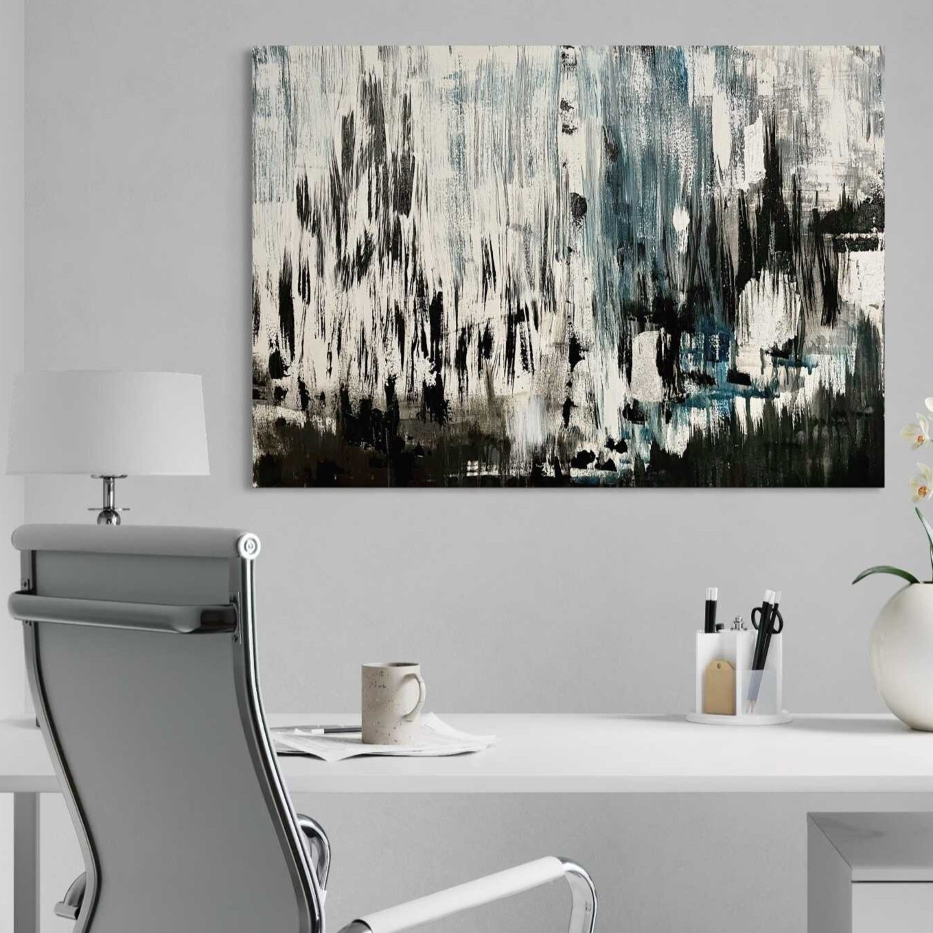 Absztrakt festmény - Going to the Dentist – 70x50 cm – fekete, fehér és kék