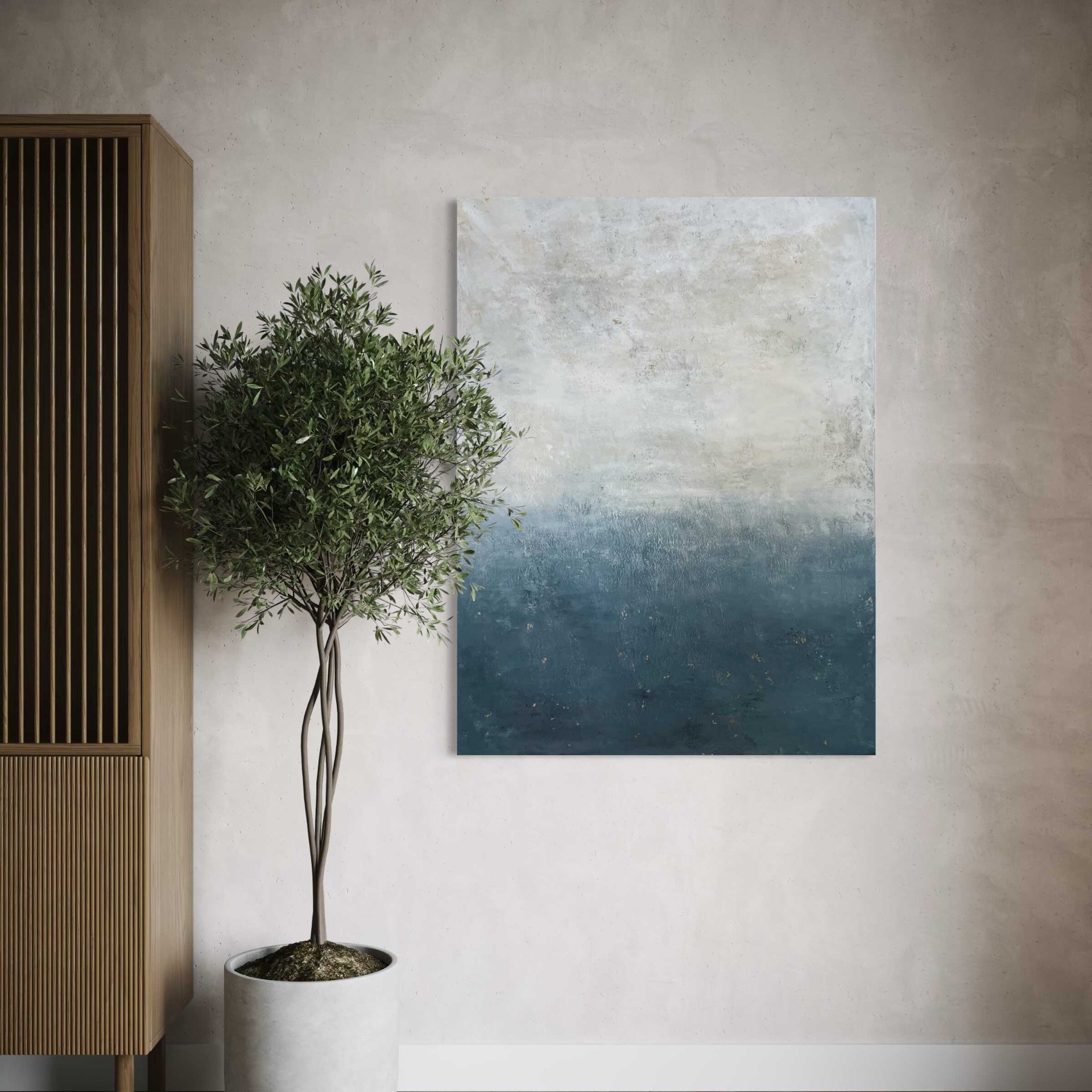 Modern absztrakt festmény kékes-szürke árnyalatokkal és apró arany részletekkel, texturált felülettel, 120x90 cm méretben