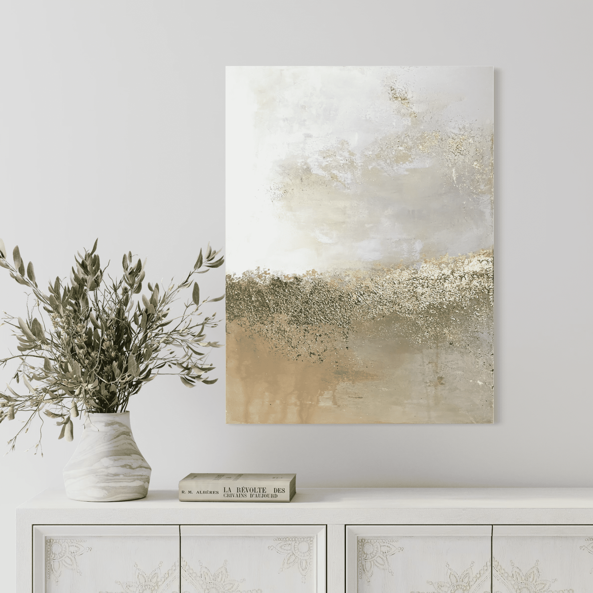 Modern absztrakt festmény aranyfóliával és texturált felülettel