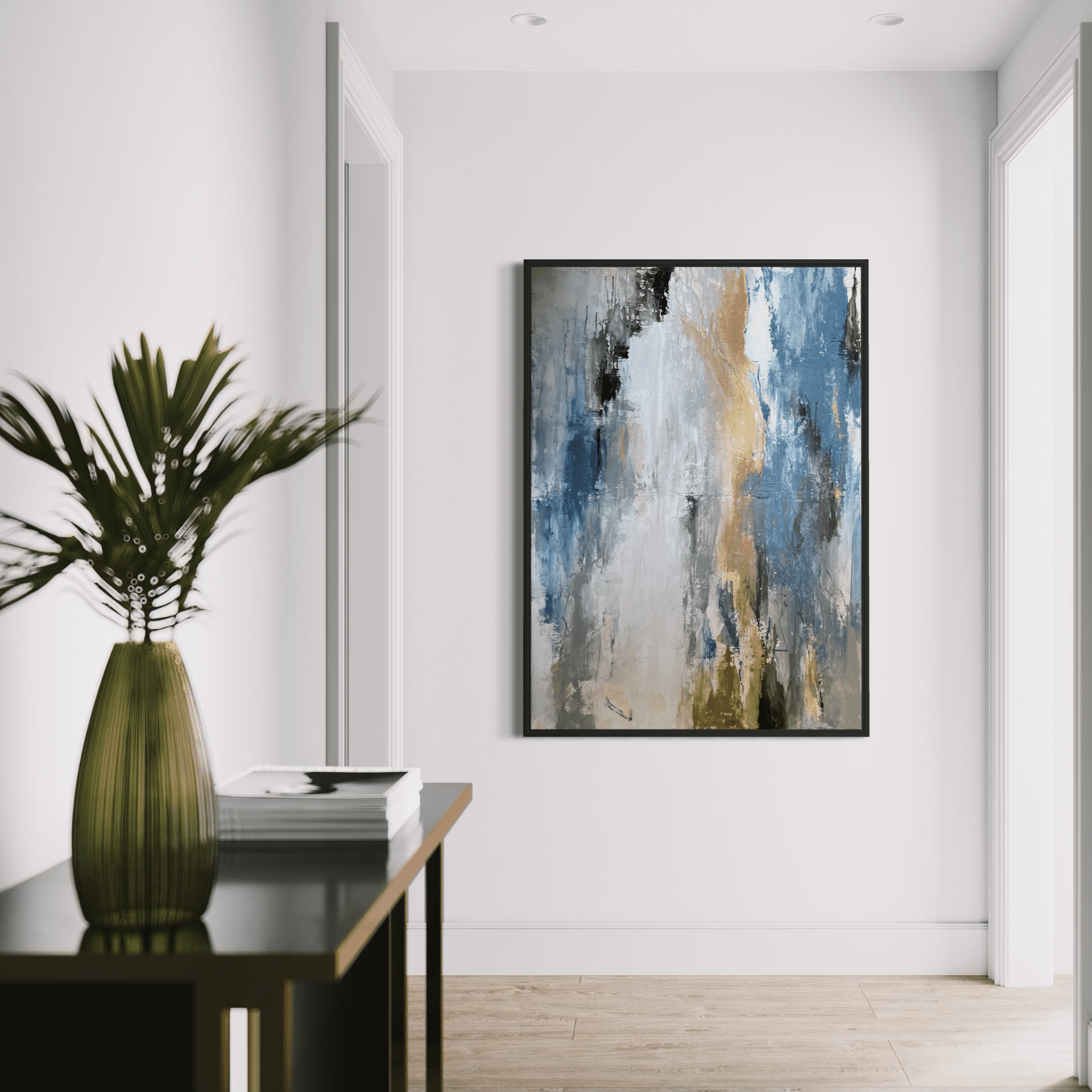 Modern absztrakt festmény kék szürke arany színekkel texturált felülettel 140x100 cm