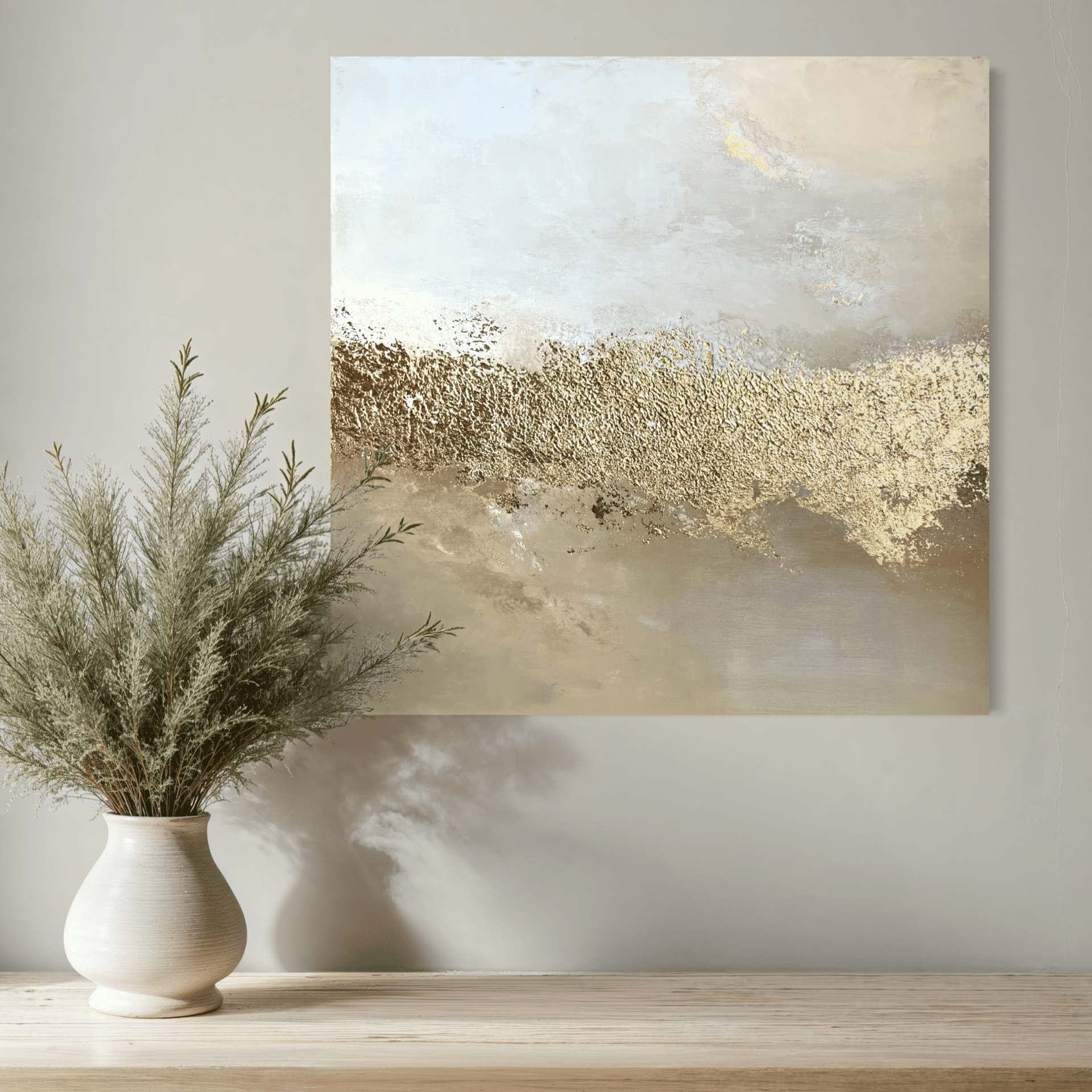 Strata aranyfóliás texturált absztrakt festmény 60x60 cm bézs és arany színekkel