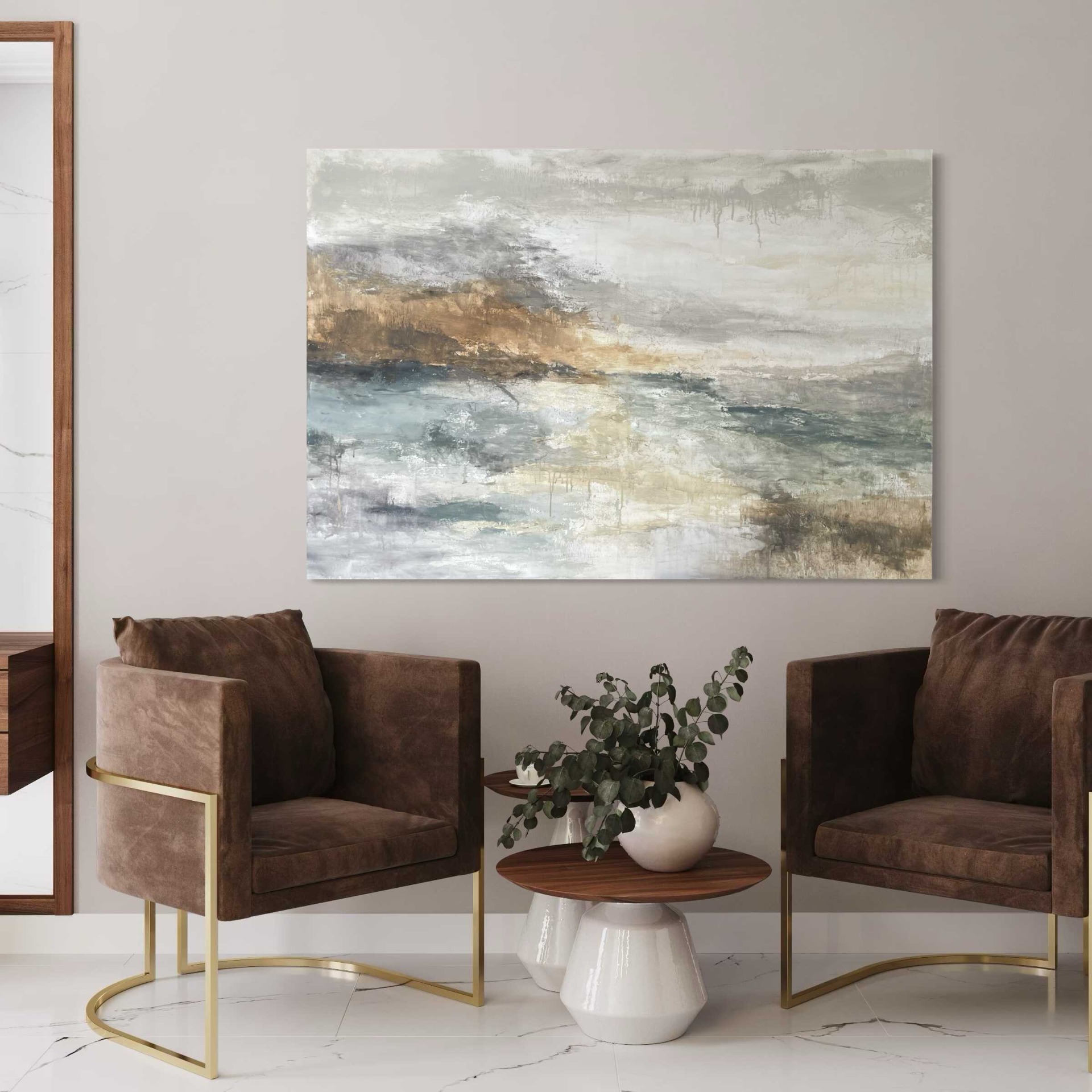 Texturált absztrakt festmény, 110x160 cm, bézs, arany és zöld színekkel