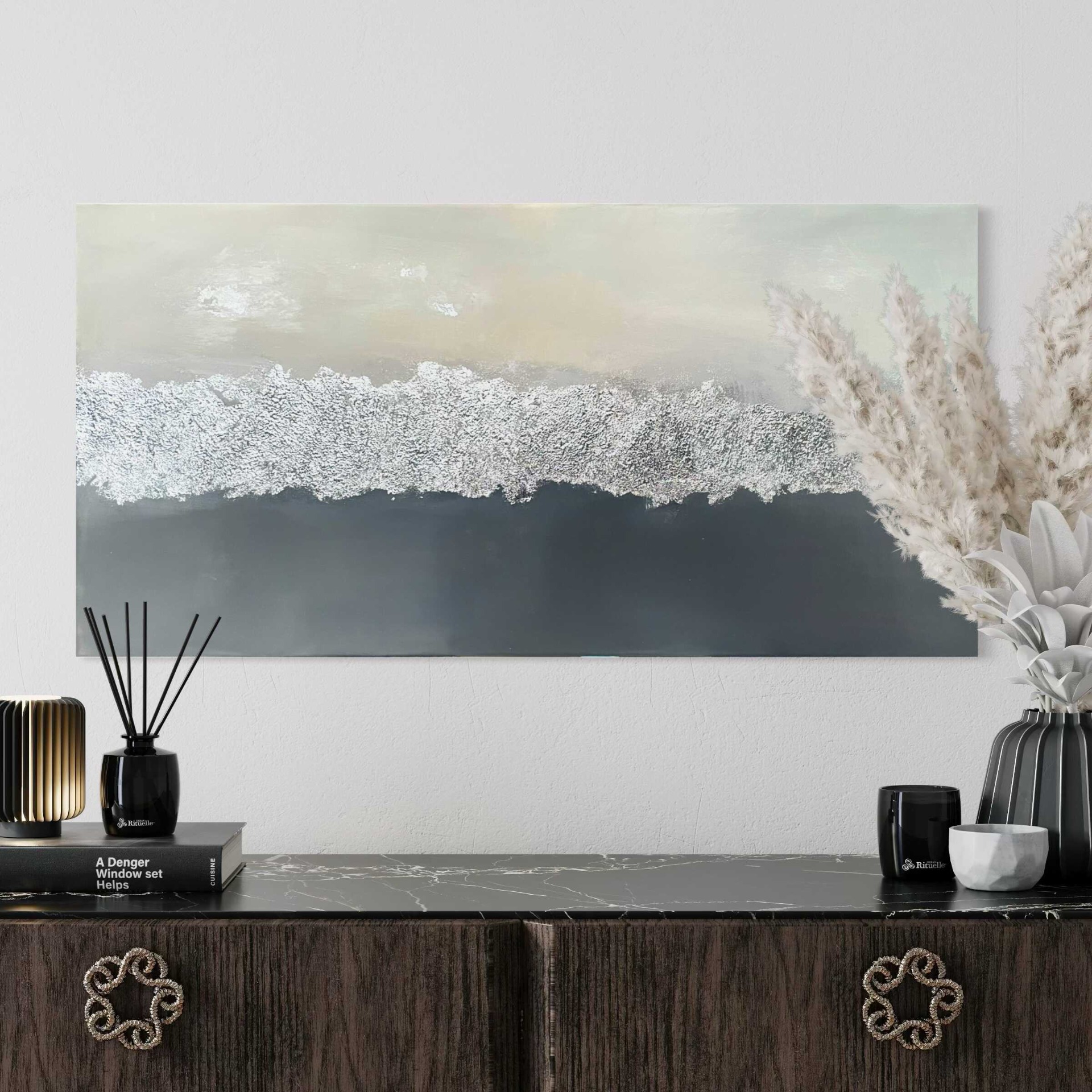 Perem - ezüstfóliás strukturált absztrakt festmény 50x100 cm, a Silver Horizon Series sorozatból