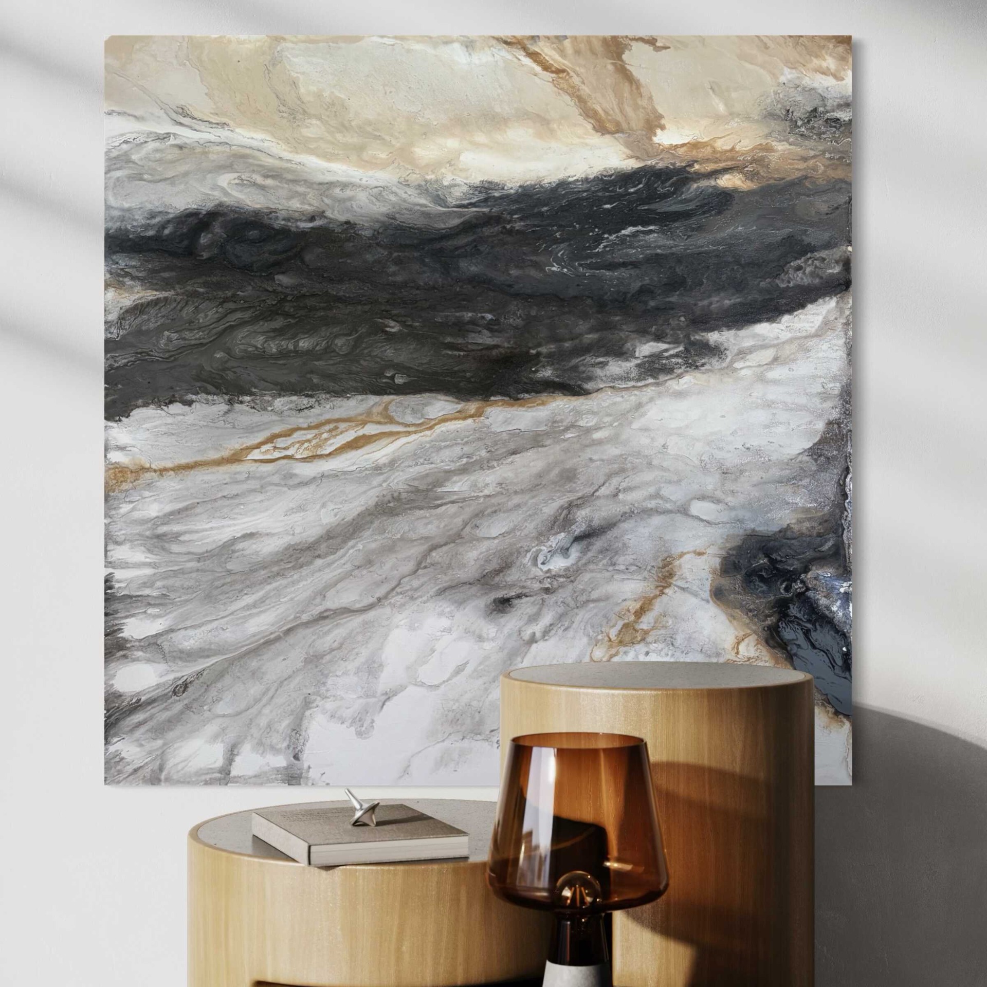 Áramlás - absztrakt festmény, 100x100 cm, szürke és sötétkék színekkel, strukturált felülettel