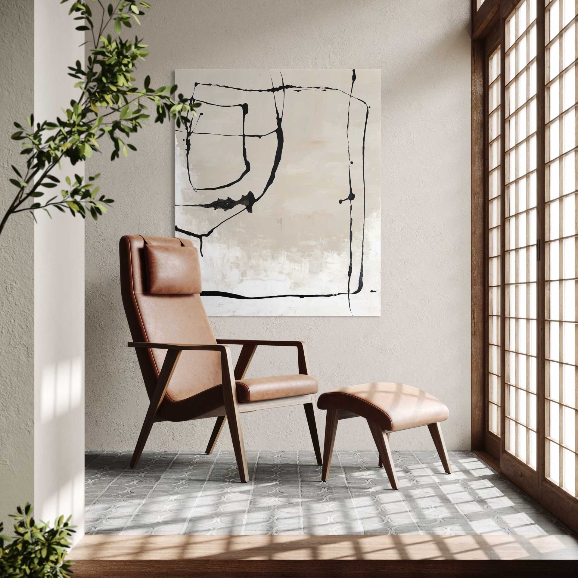 Minimalista absztrakt festmény - 120x100 cm, fekete vonalakkal világos háttéren